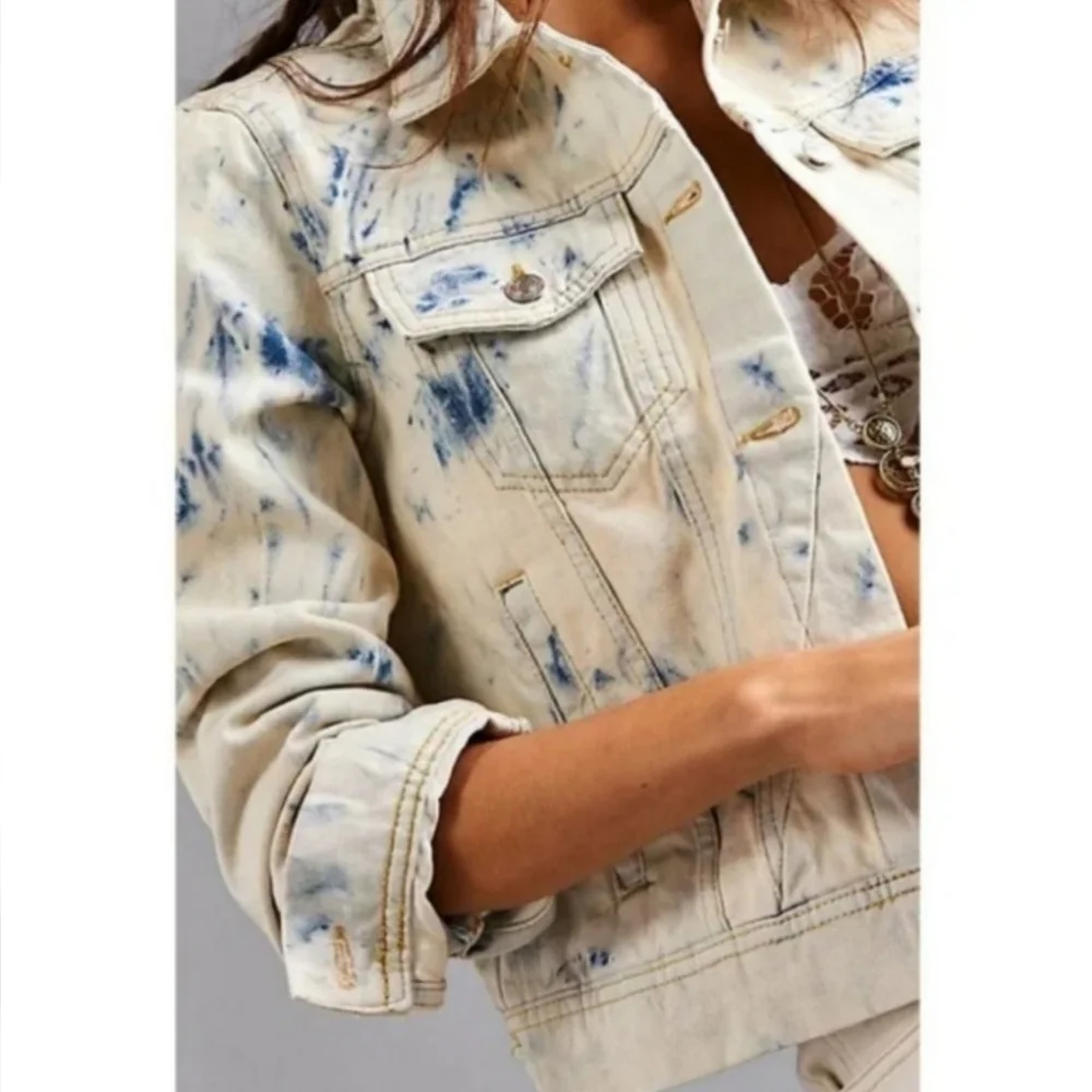 FREE PEOPLE Rumors Tie Dye Unique Semi-cropped Denim Jacket NWT XS - Picture 4 of 12